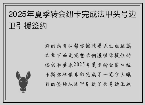 2025年夏季转会纽卡完成法甲头号边卫引援签约