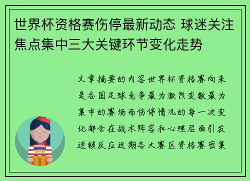 世界杯资格赛伤停最新动态 球迷关注焦点集中三大关键环节变化走势 世界杯资格赛伤停最新动态 球迷关注焦点集中三大关键环节变化走势